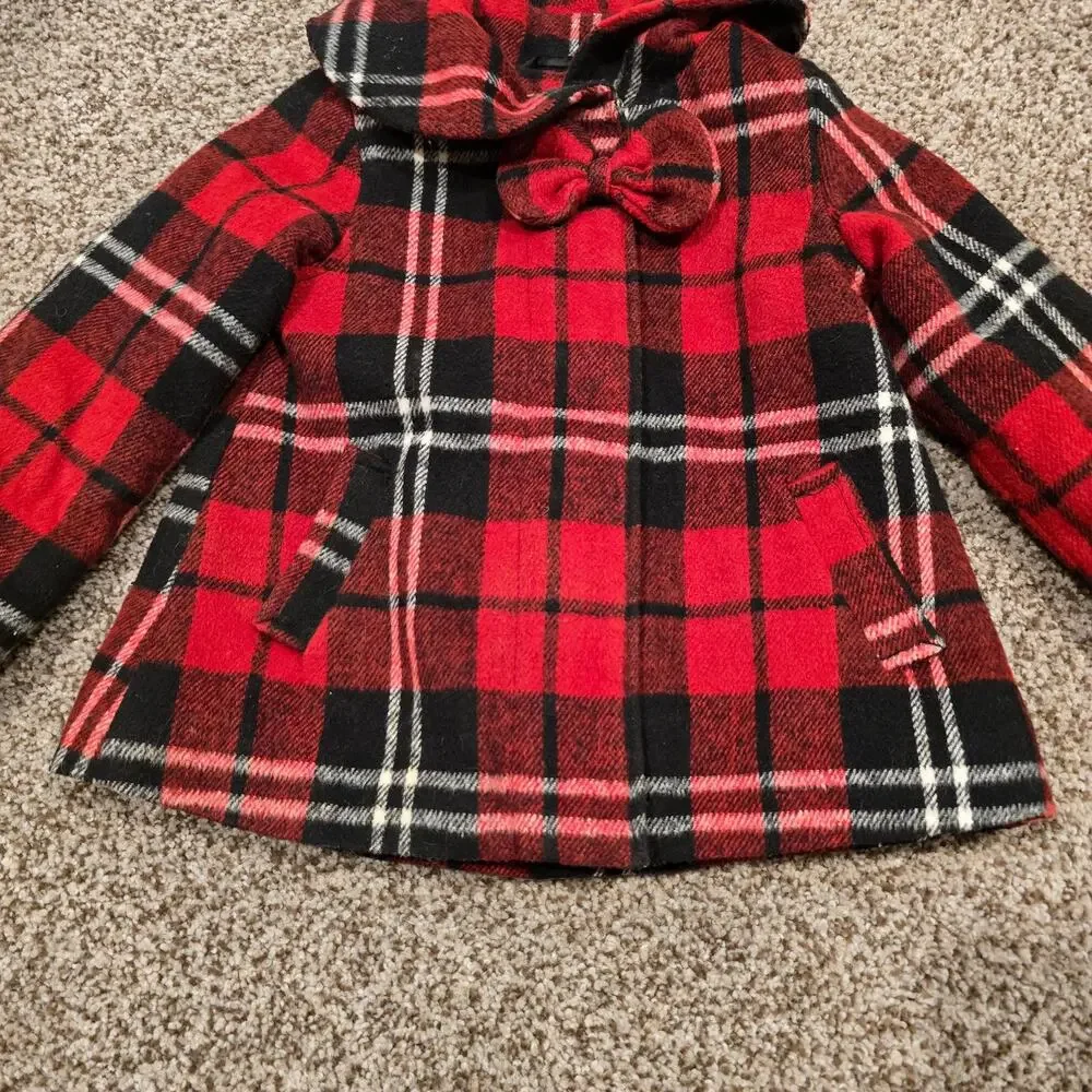 Baby Girl London Fog Red Plaid Wool Blend Full Zip Peacoat | Size 18 Months